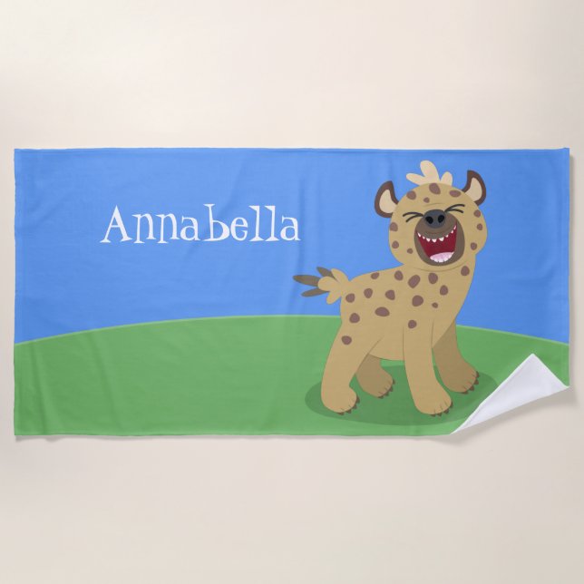 Cute funny hyena laughing cartoon illustration beach towel (Front)