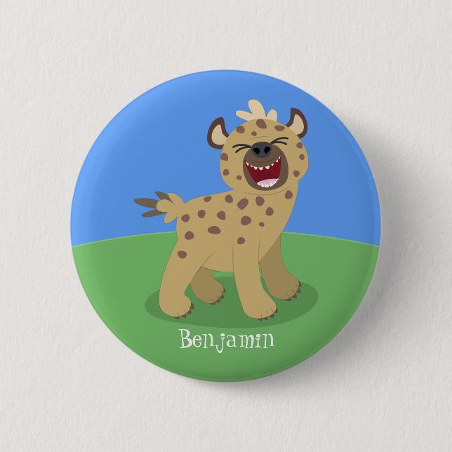 Cute funny hyena laughing cartoon illustration button (Front)