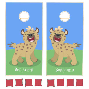 Cute funny hyena laughing cartoon illustration cornhole set