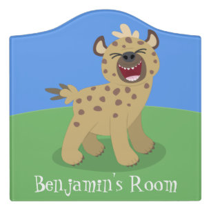 Cute funny hyena laughing cartoon illustration door sign
