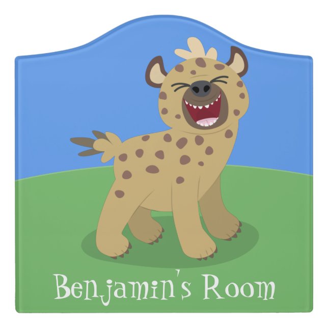 Cute funny hyena laughing cartoon illustration door sign (Large Crest Front)