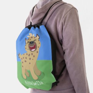 Cute funny hyena laughing cartoon illustration drawstring bag