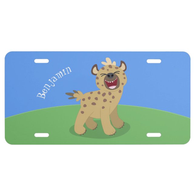 Cute funny hyena laughing cartoon illustration license plate (Front)