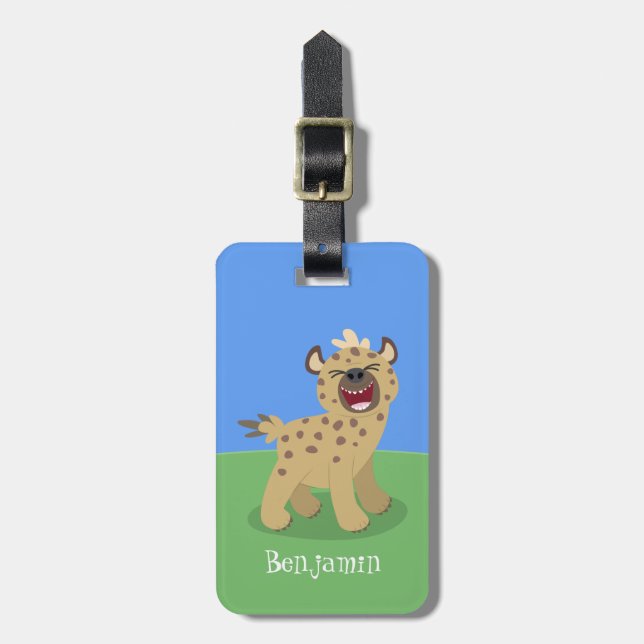Cute funny hyena laughing cartoon illustration luggage tag (Front Vertical)