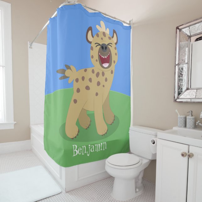 Cute funny hyena laughing cartoon illustration shower curtain (In Situ)