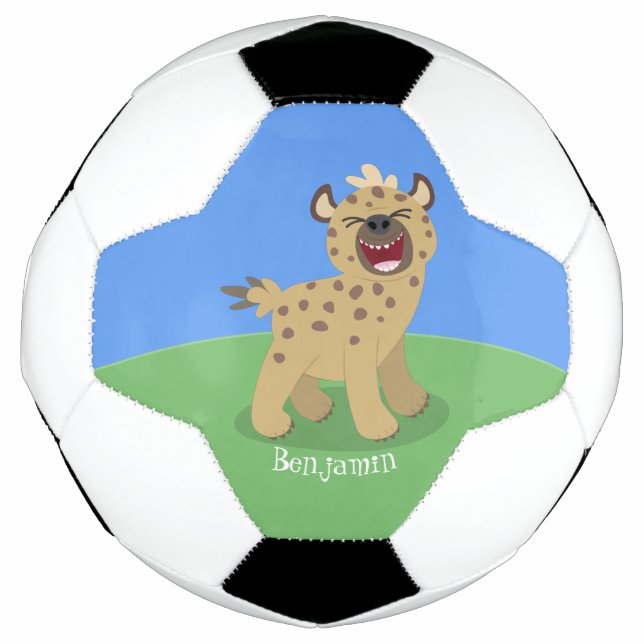 Cute funny hyena laughing cartoon illustration soccer ball (Front)