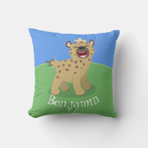 Cute funny hyena laughing cartoon illustration throw pillow