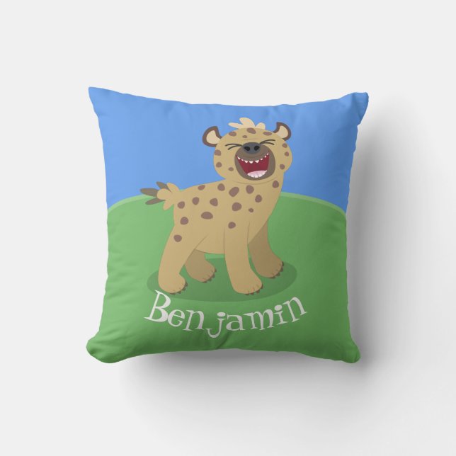 Cute funny hyena laughing cartoon illustration throw pillow (Front)