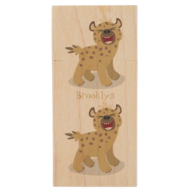 Cute funny hyena laughing cartoon illustration wood flash drive (Front Vertical)