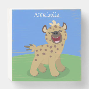 Cute funny hyena laughing cartoon illustration wooden box sign