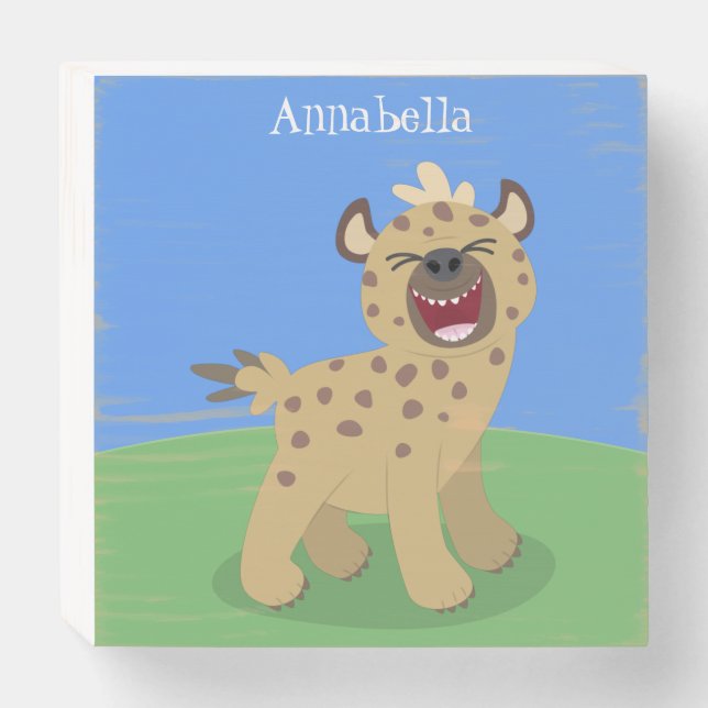 Cute funny hyena laughing cartoon illustration wooden box sign (Front Horizontal)