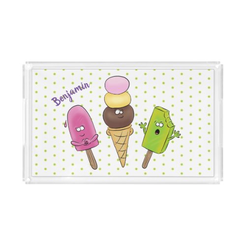 Cute funny ice cream popsicle cartoon trio acrylic tray