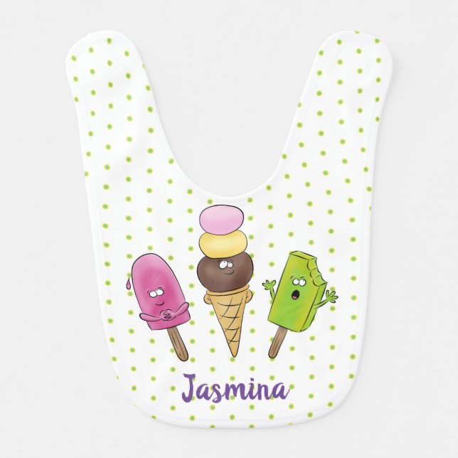 Cute funny ice cream popsicle cartoon trio baby bib (Front)