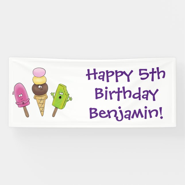 Cute funny ice cream popsicle cartoon trio banner (Horizontal)