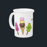 Cute funny ice cream popsicle cartoon trio beverage pitcher<br><div class="desc">This cute design features two popsicles and an ice cream cone done in funny cartoon illustration style. Yummy sweet treats with a sense of silliness!</div>