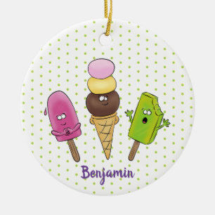 Cute funny ice cream popsicle cartoon trio ceramic ornament