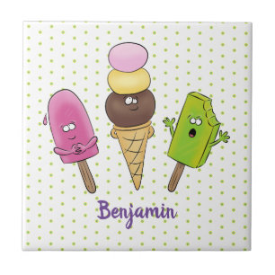 Cute funny ice cream popsicle cartoon trio ceramic tile