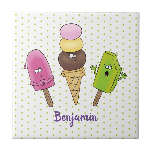 Cute funny ice cream popsicle cartoon trio ceramic tile (Front)