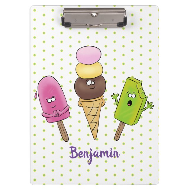 Cute funny ice cream popsicle cartoon trio clipboard (Front)