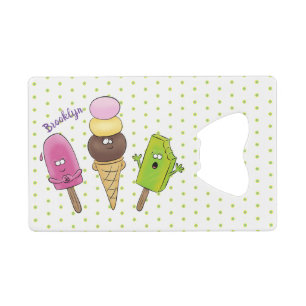 Cute funny ice cream popsicle cartoon trio credit card bottle opener