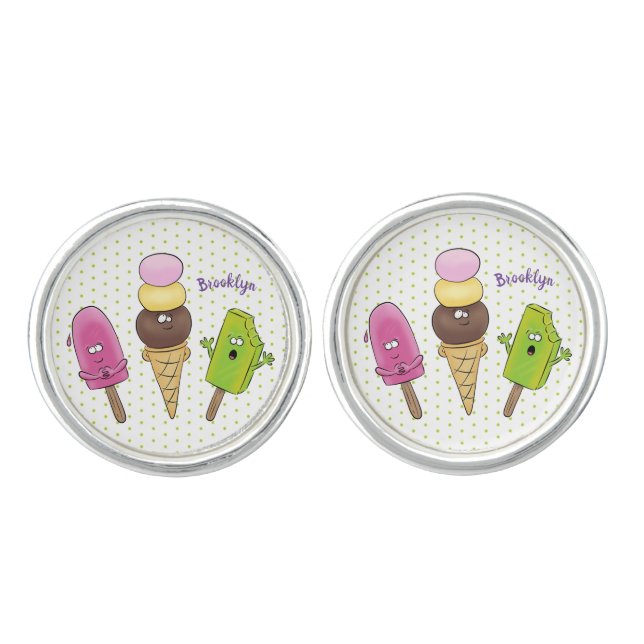 Cute funny ice cream popsicle cartoon trio cufflinks (Front)