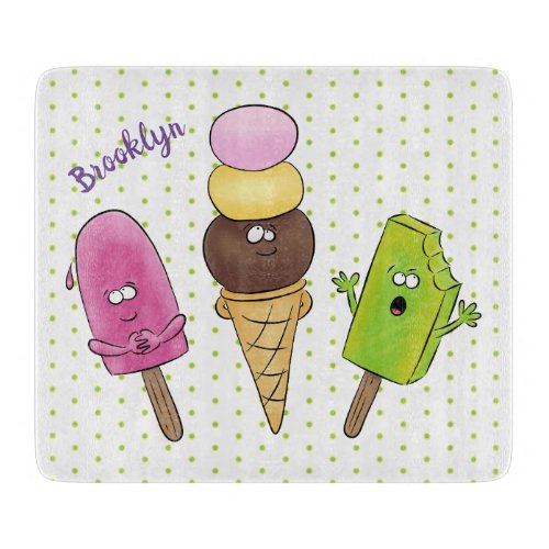 Cute funny ice cream popsicle cartoon trio cutting board