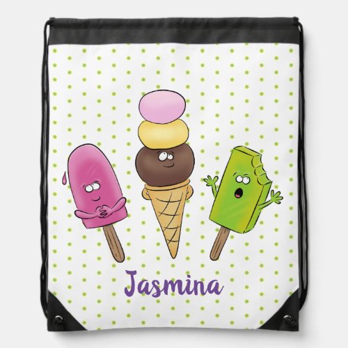 Cute funny ice cream popsicle cartoon trio drawstring bag