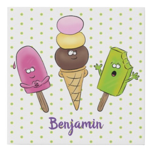 Cute funny ice cream popsicle cartoon trio faux canvas print