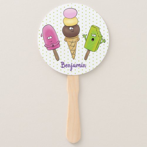 Cute funny ice cream popsicle cartoon trio hand fan