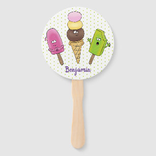 Cute funny ice cream popsicle cartoon trio hand fan
