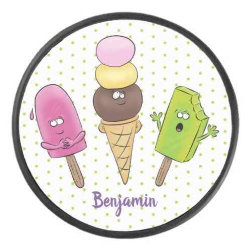 Cute funny ice cream popsicle cartoon trio hockey puck