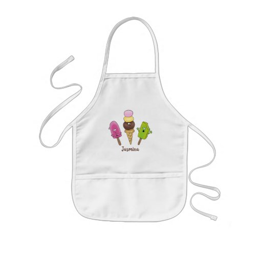 Cute funny ice cream popsicle cartoon trio kids apron