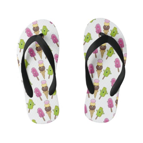 Cute funny ice cream popsicle cartoon trio kids flip flops