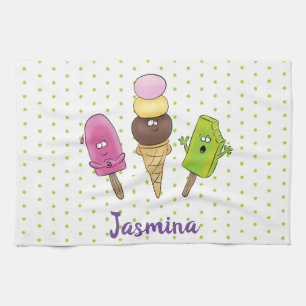 Cute funny ice cream popsicle cartoon trio kitchen towel