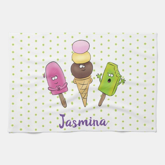 Cute funny ice cream popsicle cartoon trio kitchen towel (Horizontal)