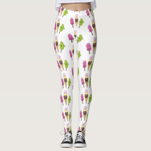 Cute funny ice cream popsicle cartoon trio leggings