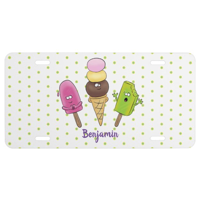 Cute funny ice cream popsicle cartoon trio license plate (Front)