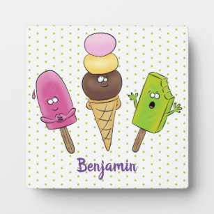 Cute funny ice cream popsicle cartoon trio plaque