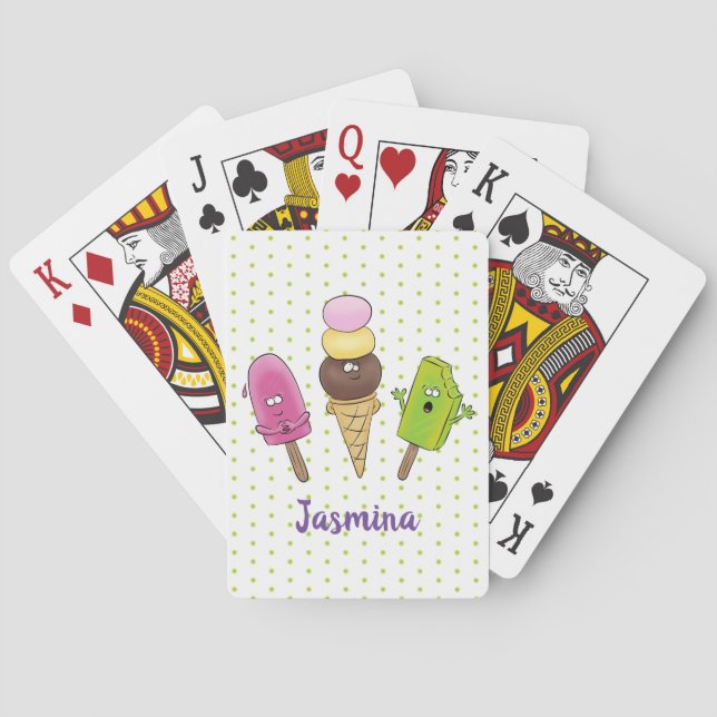 Cute funny ice cream popsicle cartoon trio poker cards (Back)