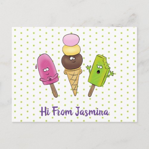 Cute funny ice cream popsicle cartoon trio postcard