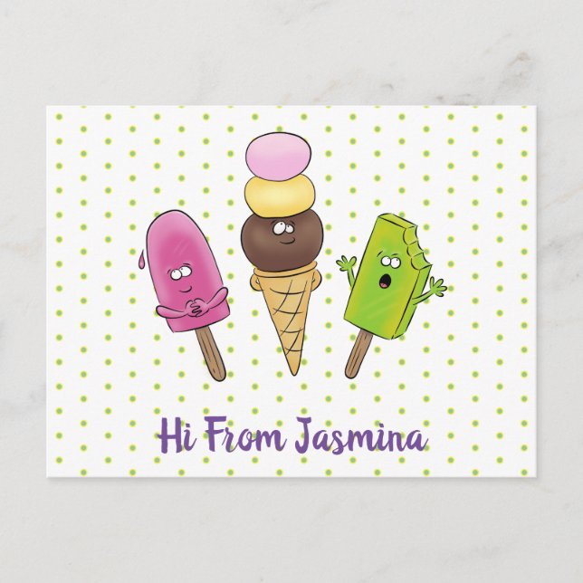 Cute funny ice cream popsicle cartoon trio postcard (Front)