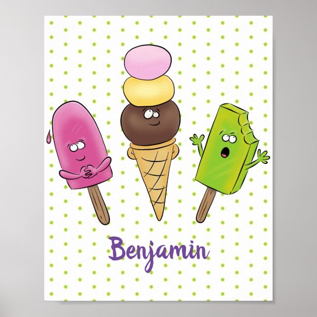 Cute funny ice cream popsicle cartoon trio poster (Front)