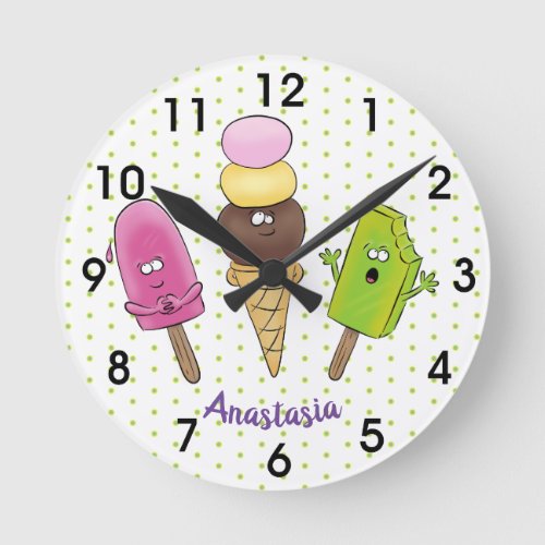 Cute funny ice cream popsicle cartoon trio round clock