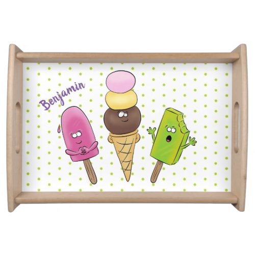 Cute funny ice cream popsicle cartoon trio serving tray