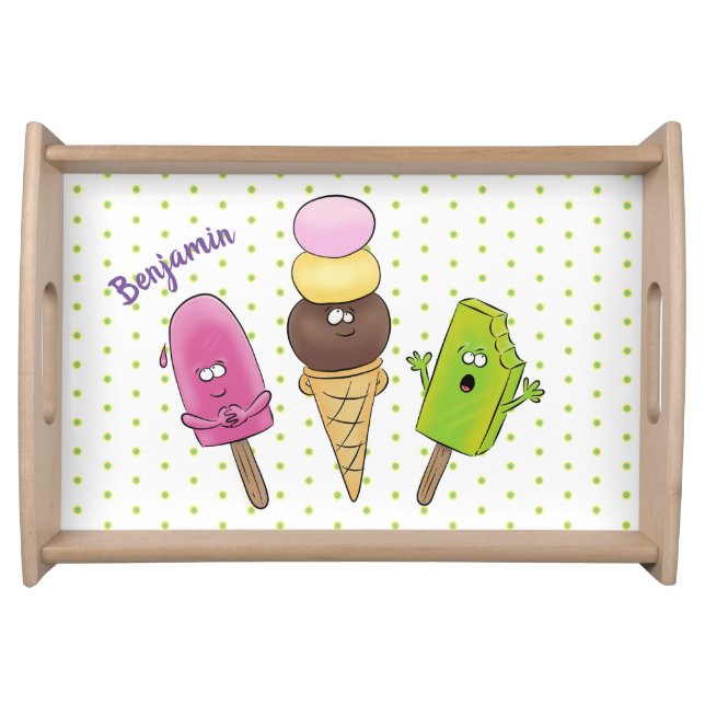 Cute funny ice cream popsicle cartoon trio serving tray (Front)