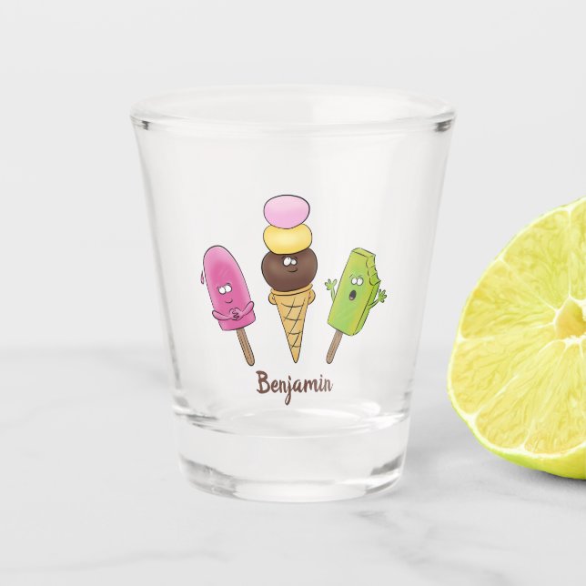 Cute funny ice cream popsicle cartoon trio  shot glass (Front)