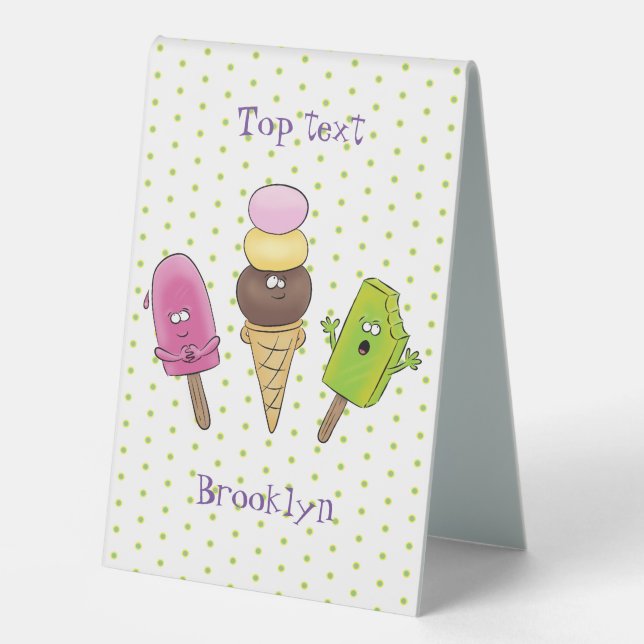 Cute funny ice cream popsicle cartoon trio table tent (Front)