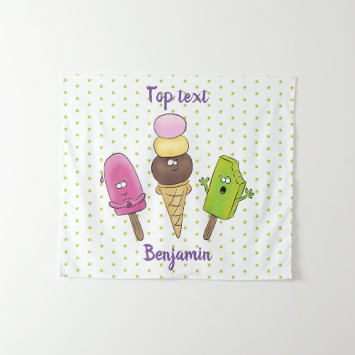 Cute funny ice cream popsicle cartoon trio tapestry