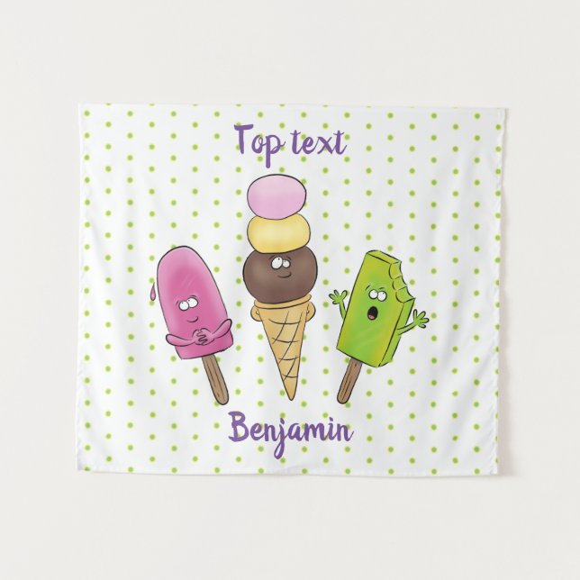 Cute funny ice cream popsicle cartoon trio tapestry (Front (Horizontal))