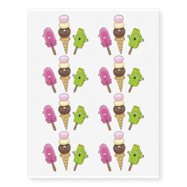 Cute funny ice cream popsicle cartoon trio temporary tattoos (Front)